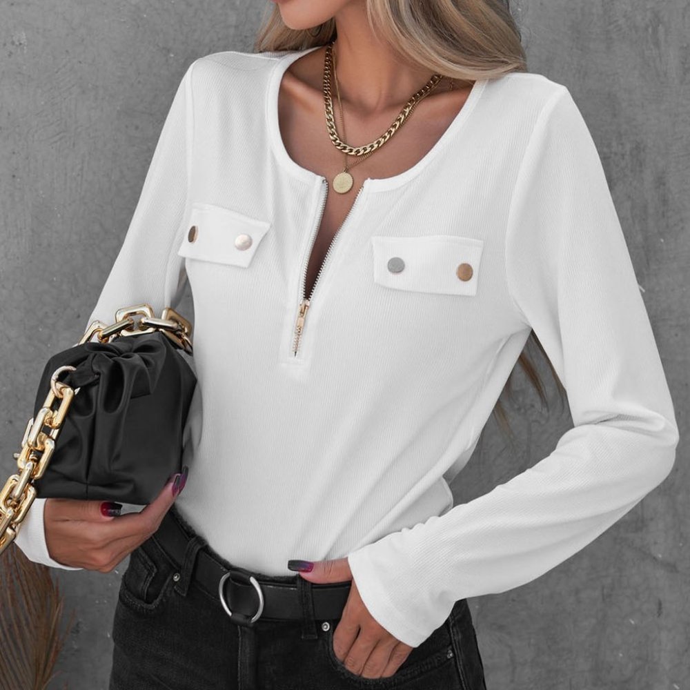 3 pack Ribbed Zipper White Long Sleeve Top